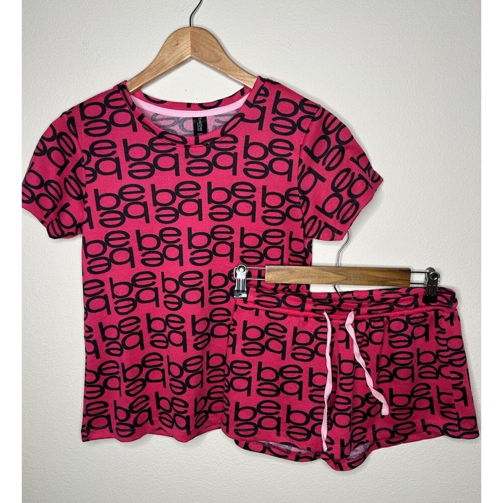 Bebe Y2K Inspired Hot Pink Graphic Logo Super Comfy Tee Shorts Pajama Set -Small